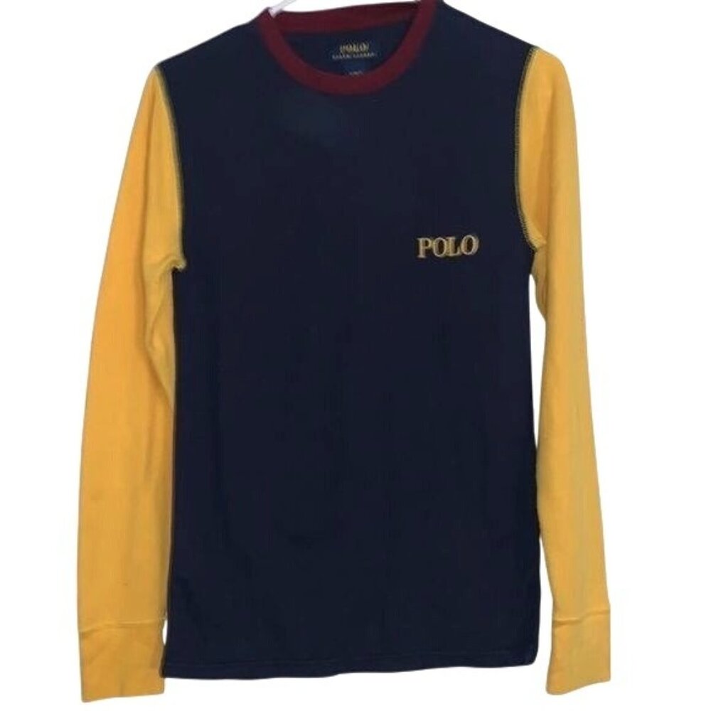 Polo Ralph Lauren Mens Long Sleeve Knit Shirt Yellow & Navy Cotton Blend Size S
